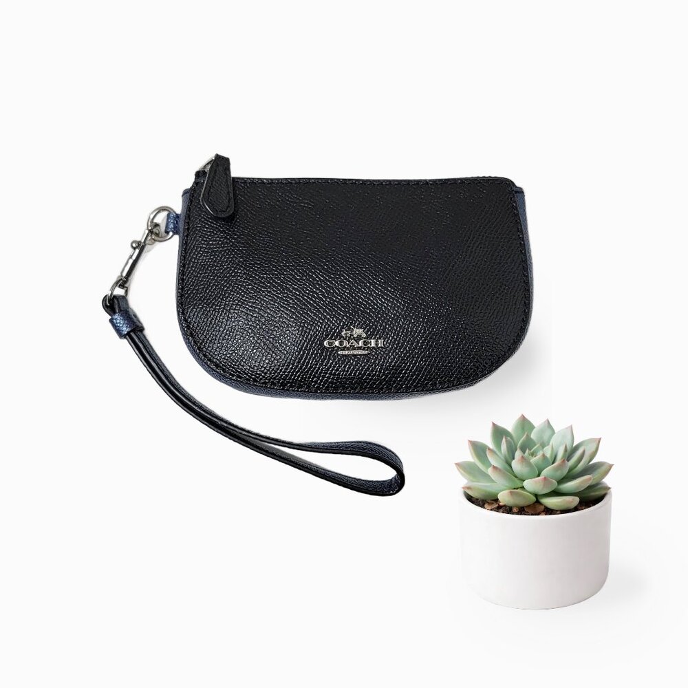 COACH Black Metallic Blue Pebbled Leather Zip Wristlet Mini Purse Pouch Handbag
